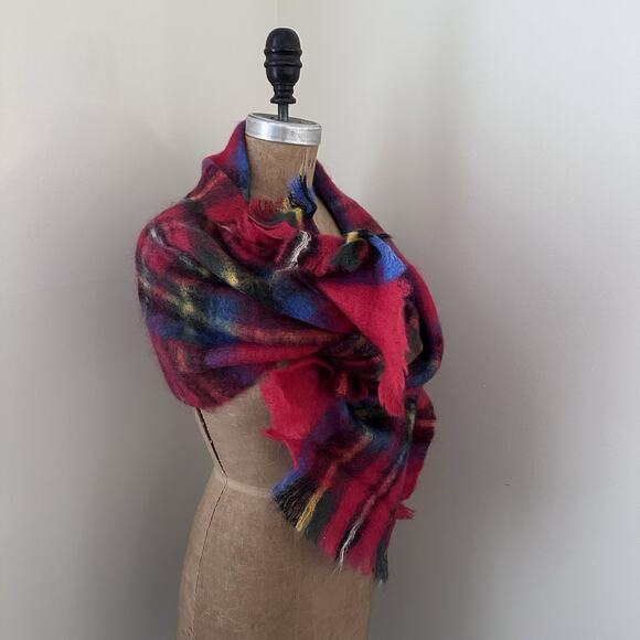 Vintage St. Michael Scarf Wrap Red Plaid Tartan Mohair Wool Scotland 18” X 60” - Picture 2 of 8